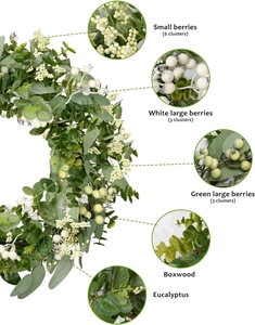 Detail showing white and green faux berries mixed with lush eucalyptus foliage