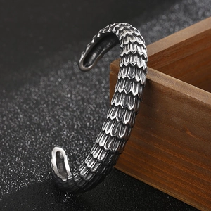 Silver punk dragon scale open cuff bracelet with vintage textured metal details