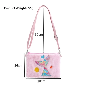 Detailed size specifications of mermaid tail plush bag showing 19cm width and 50cm strap