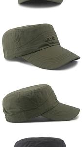 Detail view of army green and black cadet hats with sports embroidery and reinforced brim
