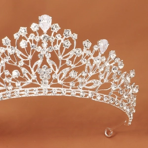 Close-up of luxury silver crown with flower and leaf patterns in sparkling zircons