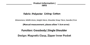 Detailed chart showing polyester floral tote bag dimensions with magnetic snap and zip pocket