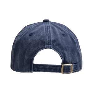 Detail of washed cotton baseball cap featuring vintage bronze metal adjustable buckle