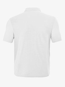 Detail shot of the white summer shirt showing breathable jacquard textured fabric