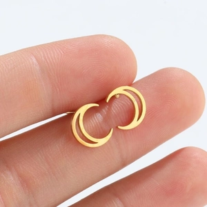 Minimalist double layer crescent moon stud earrings in polished golden metal finish