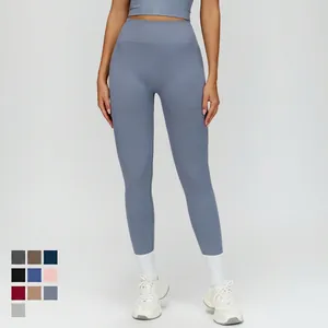 Blue high-waisted seamless yoga leggings for women with tummy control and ribbed waistband