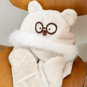 Simpatico cappello beige 3-in-1 in peluche con orecchie da orso, sciarpa e guanti