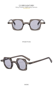 Detail view of punk square frame sunglasses with metal rivets and C3 grey lenses
