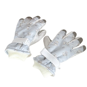 Light blue bunny print ski gloves with touch screen tips and windproof cuffs