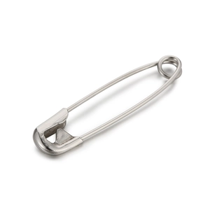 Polished silver metal safety pin fastener in an open position on white background
