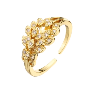18K gold plated leaf-shaped open ring with cubic zirconia inlay for women