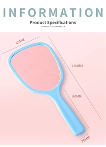 Detailed view of light blue handheld makeup mirror with dimensions 180mm by 80mm
