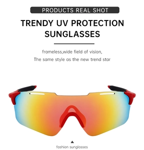 Close-up of frameless sports sunglasses with rainbow gradient lenses and UV protection