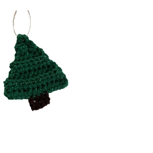 Handmade green crochet Christmas tree ornament with glitter details and rustic hanging rope