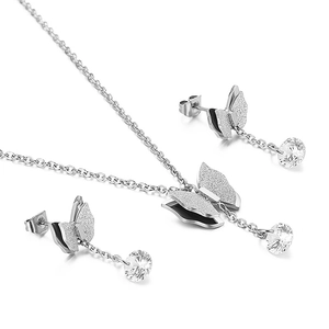 Silver plated stainless steel jewelry set with matte butterfly charms and zircon crystals