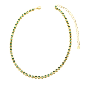 Golden hip hop tennis necklace with round green cubic zirconia and heart charm