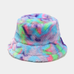 Close-up of soft plush tie-dye bucket hat showing colorful faux fur texture and warmth