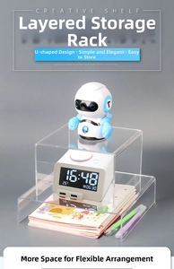Close-up of thick transparent acrylic U-shaped shelving unit for desktop organization