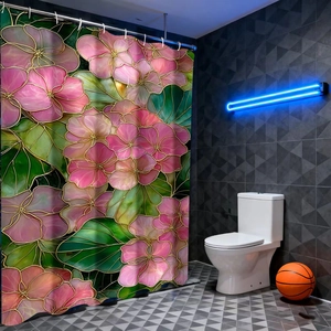 Detail of pink flower stained glass style shower curtain with gold outlines in bathroom
