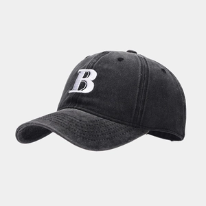 Close-up of the vintage charcoal washed cotton baseball cap with white embroidered B