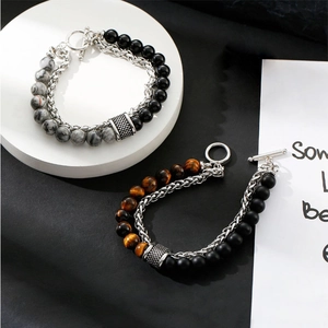 Bohemian natural stone beaded bracelets with metal chain in marble and tiger eye styles