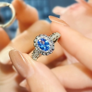 Vintage Blue Synthetic Sapphire Copper Ring Oval Zirconia Inlaid Adjustable Opening Light Luxury Finger Ring For Women Jewelry