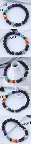 Detailed views of a lava stone chakra bracelet featuring a silver leopard head ornament