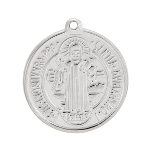 Detailed view of silver Saint Benedict medal pendant with embossed Latin inscriptions