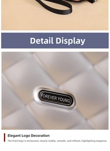 Detail of silver diamond-quilted hardshell case with Forever Young black oval logo plate