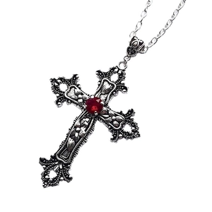 Gothic silver cross necklace with vintage flower patterns and central red gemstone