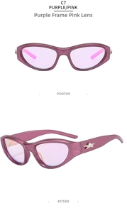 Detail view of purple cat-eye sunglasses with silver star decor and pink lenses