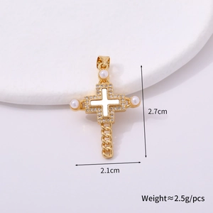 Golden cross pendant details with pearls and stones, measuring 2.7cm height and 2.1cm width