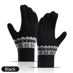 Winter knitted black gloves with snowflake jacquard pattern and touch screen feature