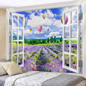 3D Wandteppich mit Lavendelfeld und Heißluftballons als dekorative Fenster Aussicht
