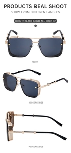 Three views of gold steampunk square sunglasses with side shields and gray lenses
