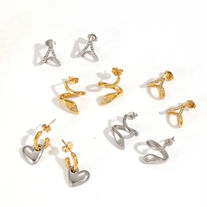 Elegant stainless steel earrings set featuring heart charms and zircon inlaid studs