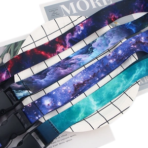 Detailed view of four starry night pattern lanyards with black plastic buckles