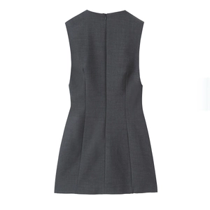Gray sleeveless V-neck dress with waist cut-out and back zipper on white background