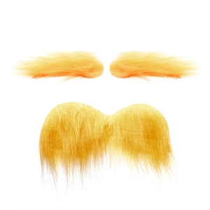 Close-up of bright orange synthetic fiber mustache and eyebrows set for Halloween parties
