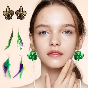 Mardi Gras Earrings With Feather Sequin Fleur-de-lis For Party Parade Jewelry With Silver Earring Post