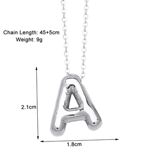 Detailed view of silver letter A balloon pendant necklace with 45+5cm chain size