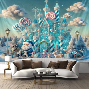 Detailed view of a blue Christmas castle tapestry hanging over a modern white sofa