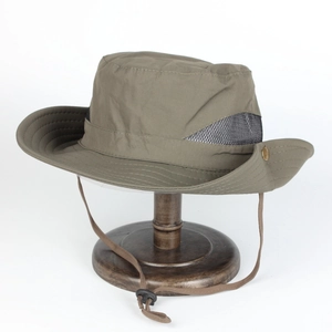Detail of outdoor sun hat showing breathable side mesh and adjustable windproof rope