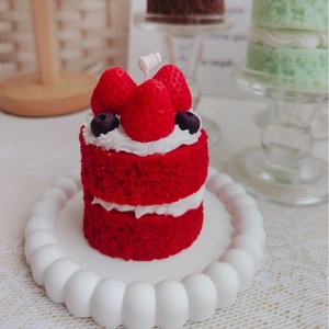 Realistic double-layer red strawberry cake scented candle with white cream and wax wick
