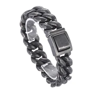 Vintage 316L Stainless Steel Cuban Chain Bracelet Heavy Distressed Hammered Texture Punk Street Men Square Clasp