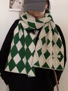 Écharpe en tricot à losanges vert et blanc pour femme, grand châle chaud pour l'hiver