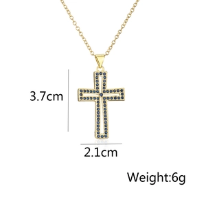 Detail of 18K gold-plated cross pendant with blue zircon, size 3.7x2.1cm, 6g weight