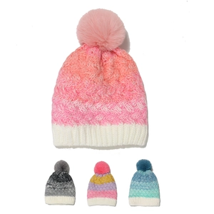 Kids Knitted Beanie Hat Winter Warm Acrylic Fleece Lined Gradient Stripe Faux Fur Pom Pom For Boys And Girls