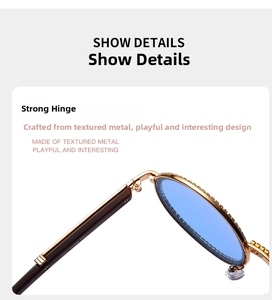 Detailed view of durable metal hinges and light blue oval lenses on golden sunglasses