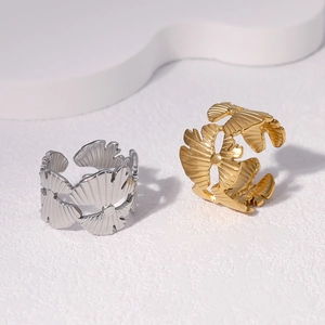 Ginkgo Leaf Open Ring Stainless Steel 18K Gold Plated Adjustable Minimalist Plant Leaf Jewelry For Women